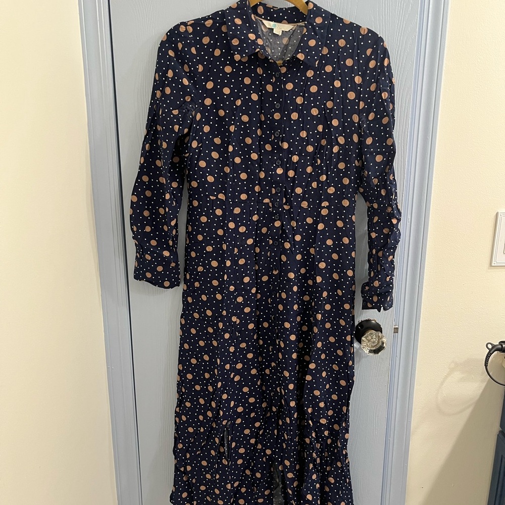Boden Navy and Tan Polka Dot Dress
